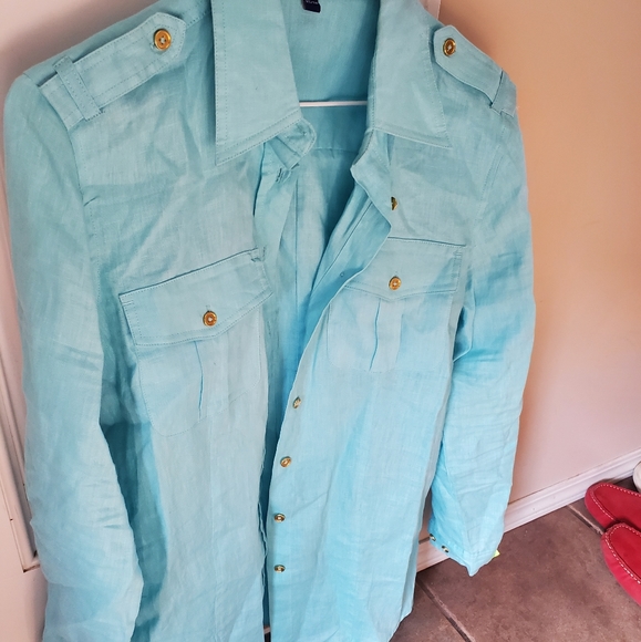 100% turquoise blue linen female shirt. - Picture 2 of 7